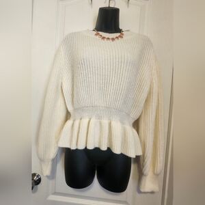 SHEIN Cream Ribbed Peplum Crewneck Sweater Size Large EUC